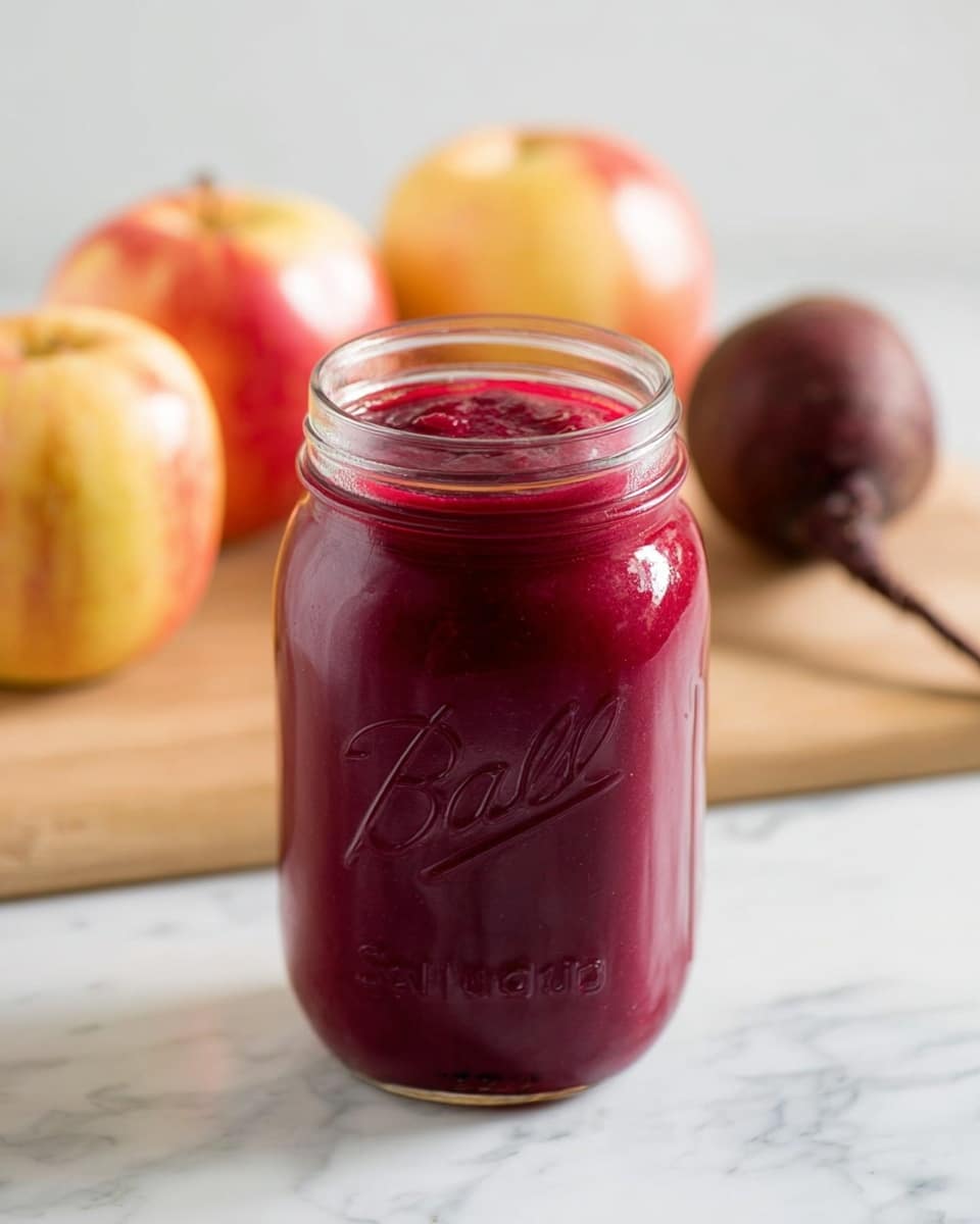 A clear glass jar filled to the top with thick, deep red-purple sauce sits on a light brown wooden board against a white marbled surface. Behind the jar, two round apples with yellow and red skin tones are placed, one near the left front and one slightly out of focus near the back left. There is also a small, dark red beet with roots visible near the back apple. The jar has a clear lid edge and an embossed logo on the front. Photo taken with an iphone --ar 4:5 --v 7