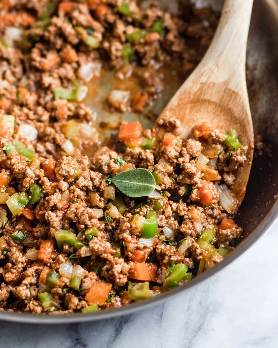 A close-up view of a pan filled with cooked ground meat mixed with diced vegetables including green peppers, orange carrots, and white onions, all coated in a brown sauce. Small bits of green herbs and a green bay leaf are visible on top of the mixture. A wooden spoon is partially dipped into the mixture on the right side, stirring the contents. The pan sits on a white marbled surface. photo taken with an iphone --ar 4:5 --v 7