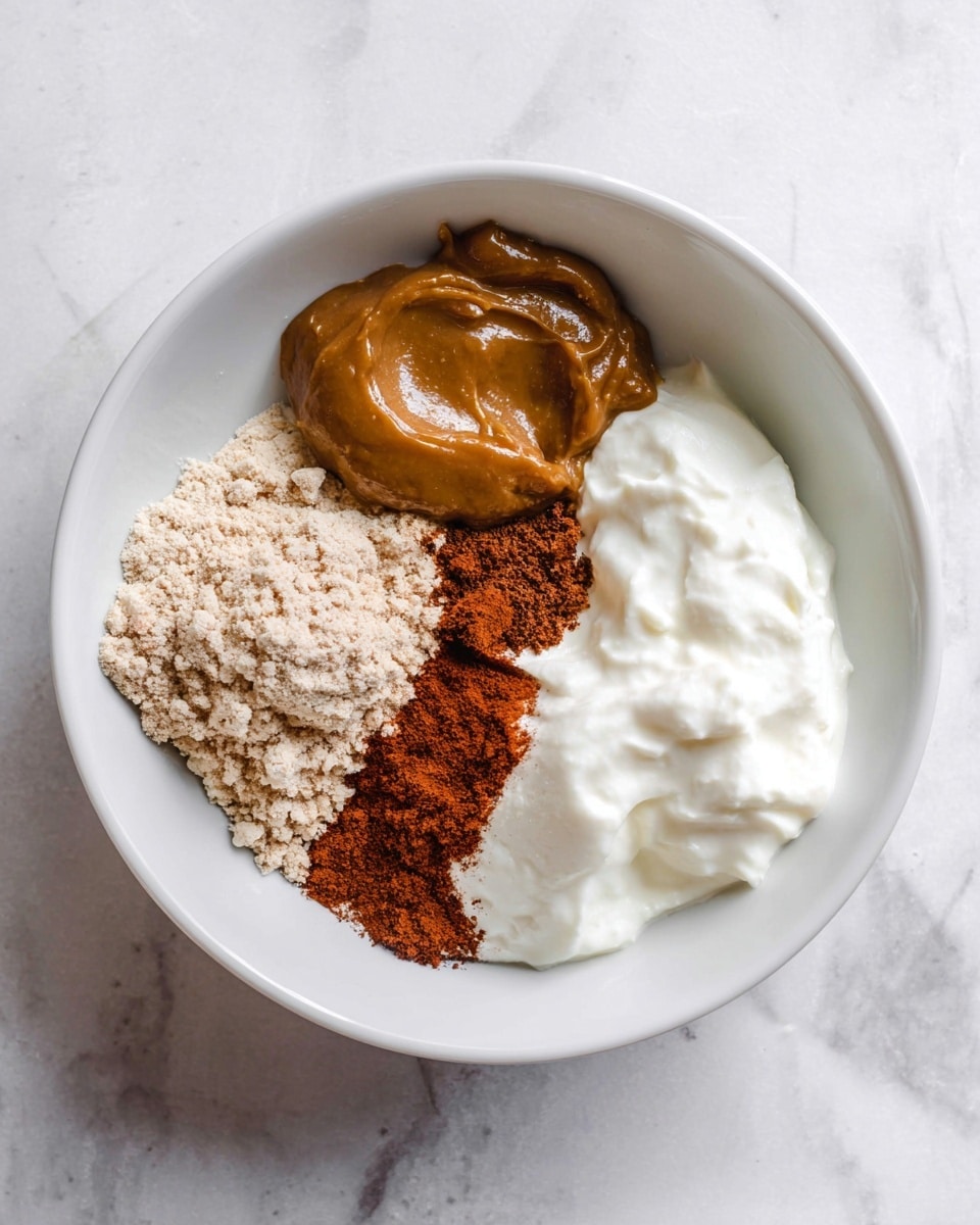 A white bowl sits on a white marbled surface, holding four separate ingredients inside. On the left side, there is a light brown powder with a crumbly texture. Next to it, towards the top center, there is a small dollop of smooth, shiny brown paste. Below the paste and to the right, there is a fine layer of reddish-brown powder spread thinly. The bottom right of the bowl contains thick, white creamy yogurt with a slightly lumpy texture. All ingredients are unmixed and clearly separate from each other. photo taken with an iphone --ar 4:5 --v 7
