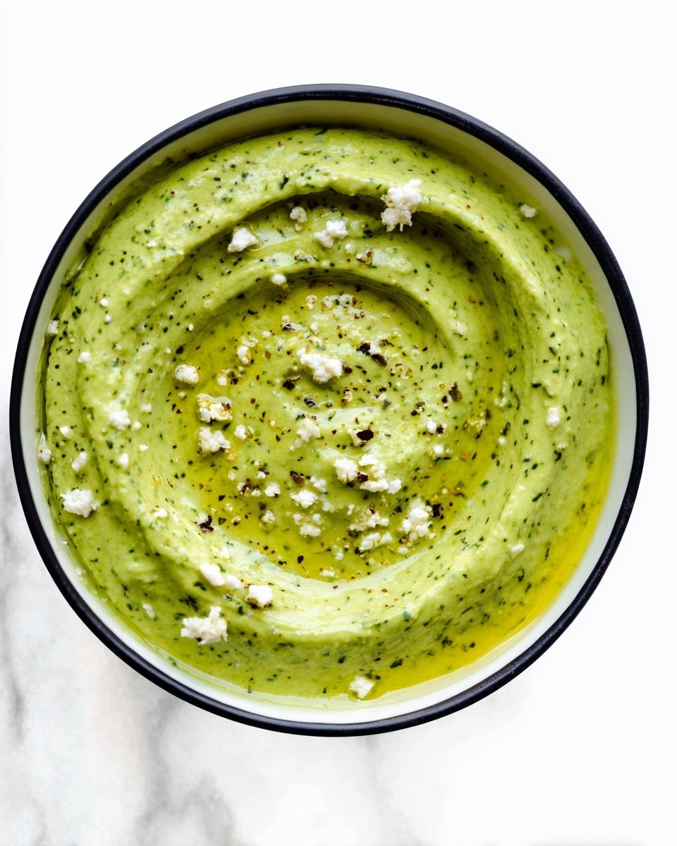 A white bowl with a black rim holds a smooth green dip that has a creamy texture with small dark green flecks throughout. The dip is gently swirled to create a small whirlpool effect in the center. Scattered over the dip are small white crumbles and a few coarse black pepper pieces, with a light drizzle of golden olive oil around the center swirl. The bowl sits on a white marbled surface. photo taken with an iphone --ar 4:5 --v 7