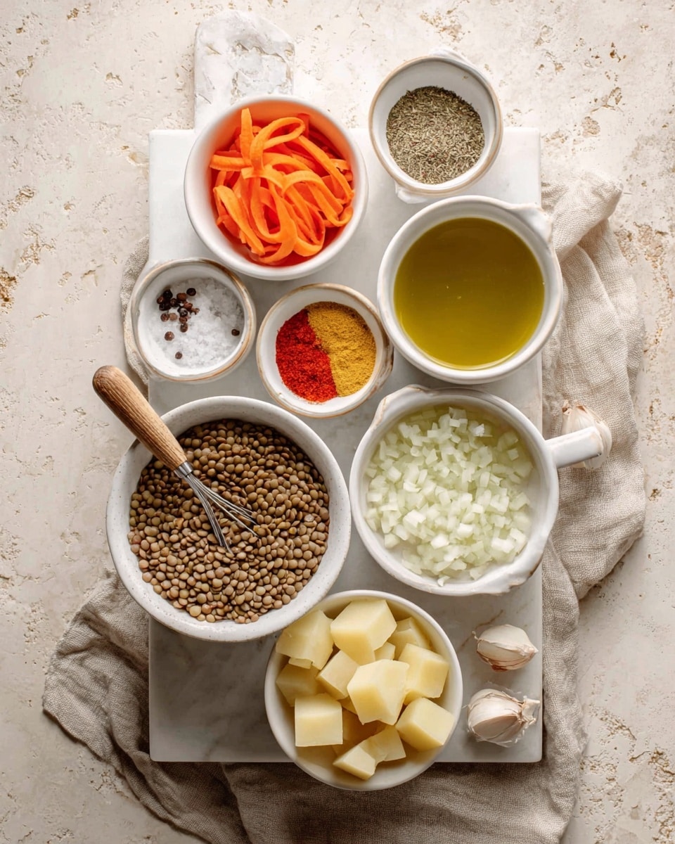 The image shows eight white bowls arranged on a white marbled cutting board and a beige cloth. From the top left going clockwise, there is a white bowl with thin orange carrot slices, a small white bowl with white salt and black pepper mix, a small white bowl with red and yellow powders, a large white bowl with yellow-green liquid and a small whisk inside, a large white bowl filled with brown lentils with a wooden spoon resting on them, a white bowl with finely chopped white onions, two cloves of garlic in a small white dish, and finally a white bowl with chunky light yellow potato pieces. The bowls are neatly arranged showing a rustic yet clean cooking prep setup. photo taken with an iphone --ar 4:5 --v 7