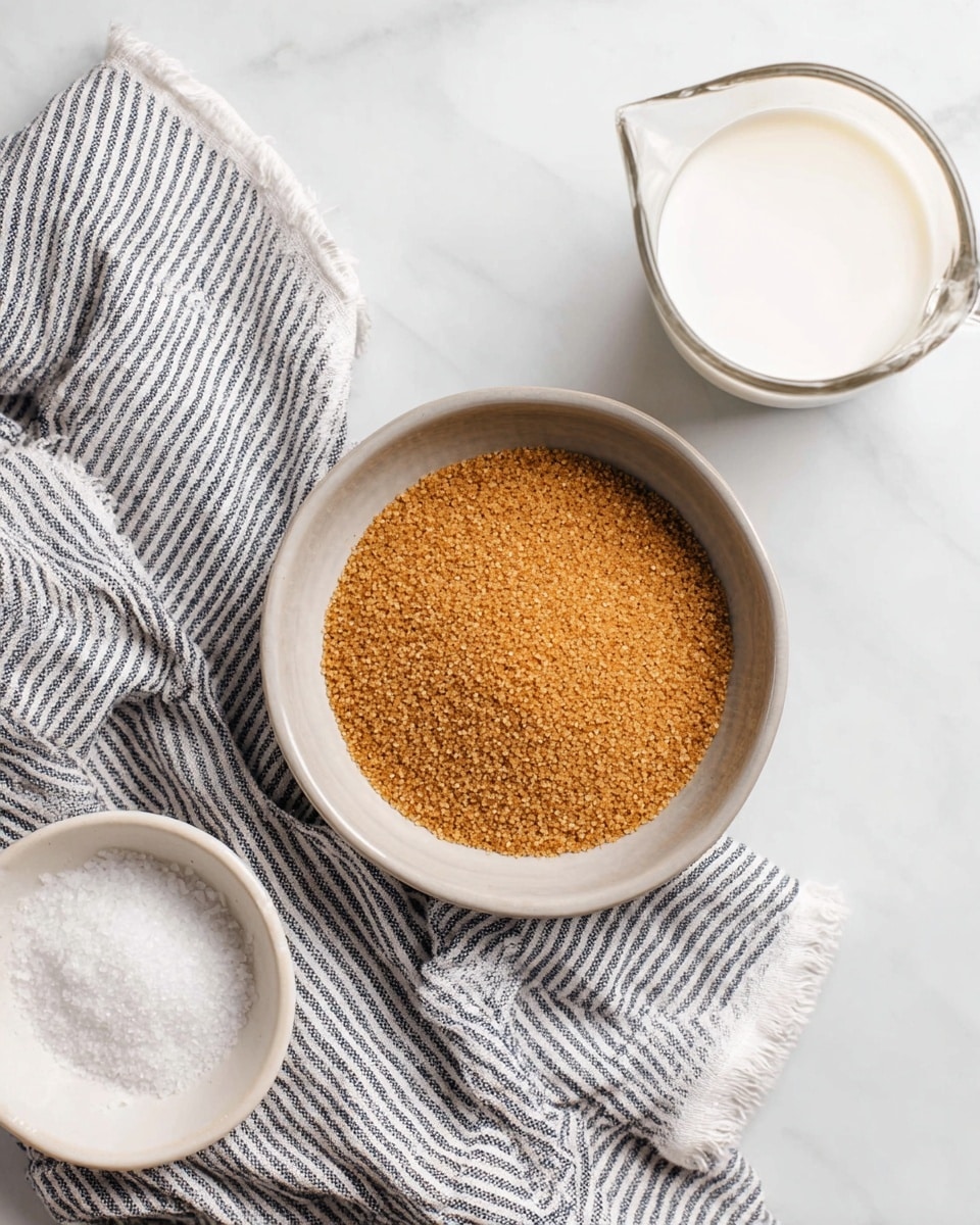A light gray bowl filled with a single layer of coarse brown sugar grains sits on top of a gray and white striped cloth, spread casually on a white marbled surface. To the right of the bowl, there is a clear glass measuring cup filled with white milk. In the bottom left corner, a small white ceramic bowl holds a variable amount of white salt, adding a slight textural contrast next to the striped cloth. The overall scene is bright and clean with soft natural lighting, showing a calm and simple kitchen setting. photo taken with an iphone --ar 4:5 --v 7