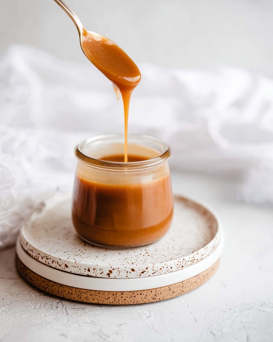 A small clear glass jar filled with thick, smooth caramel sauce that has a rich golden-brown color. Above the jar, a spoon drips the caramel slowly back into it, showing the sauce's glossy, shiny texture. The jar sits on two stacked white plates with brown speckles, all placed on a white marbled surface. In the background, soft white fabric adds a blurred, light touch to the scene. photo taken with an iphone --ar 4:5 --v 7