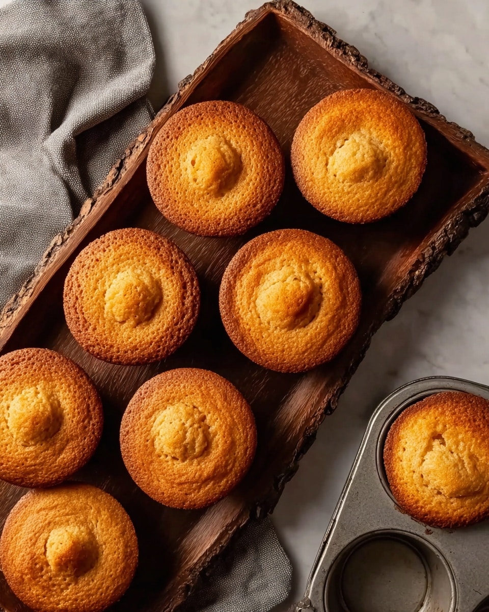 The image shows seven golden brown muffins with a slightly cracked and soft top, arranged on a dark wooden tray with natural bark edges. Six of the muffins are placed in the tray in a neat row, while two more are still in a metal muffin pan with some visible baking marks. A gray kitchen towel is partly visible near the pan. The background surface is a white marbled texture. photo taken with an iphone --ar 4:5 --v 7