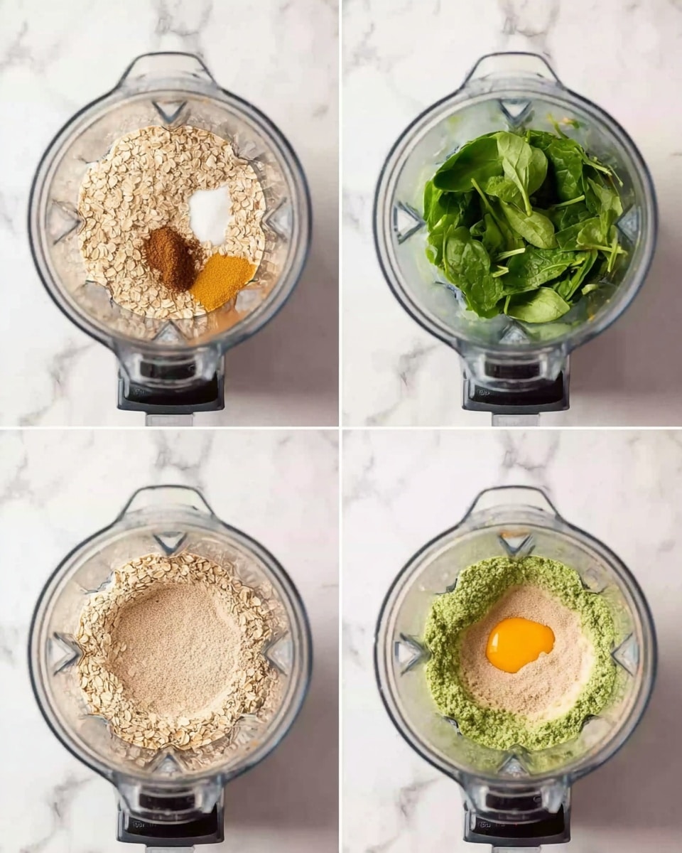 The image shows four views of a blender on a white marbled surface. In the first view, dry rolled oats are mixed with a small amount of cinnamon and salt inside the clear blender jar. The second view shows the oats ground finely into a beige powder layer covering the jar’s base. The third view adds fresh green spinach leaves, a yellow egg yolk, and a dollop of light beige mayonnaise on top of the oat powder in the blender. The fourth view mixes the ingredients, showing the spinach blended into a light green layer with oats still visible on one side inside the jar. The blender is clear with black buttons, and the white marbled surface contrasts with the food inside. photo taken with an iphone --ar 4:5 --v 7
