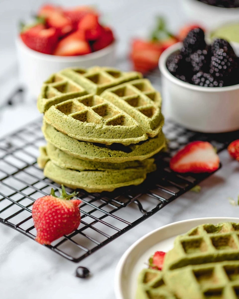 A stack of four green waffles with a slightly rough texture is placed on a black cooling rack over a white marbled surface. The top waffle piece is half-circle shaped and leans slightly against the stack. To the right, there is a white bowl filled with blackberries, and behind it, another white bowl filled with bright red strawberries with green tops. One whole strawberry and one sliced half strawberry sit on the white marbled surface near the cooling rack. Additional green waffle pieces lie flat on the cooling rack and partially on a white plate at the bottom right corner. The scene is bright and fresh. photo taken with an iphone --ar 4:5 --v 7