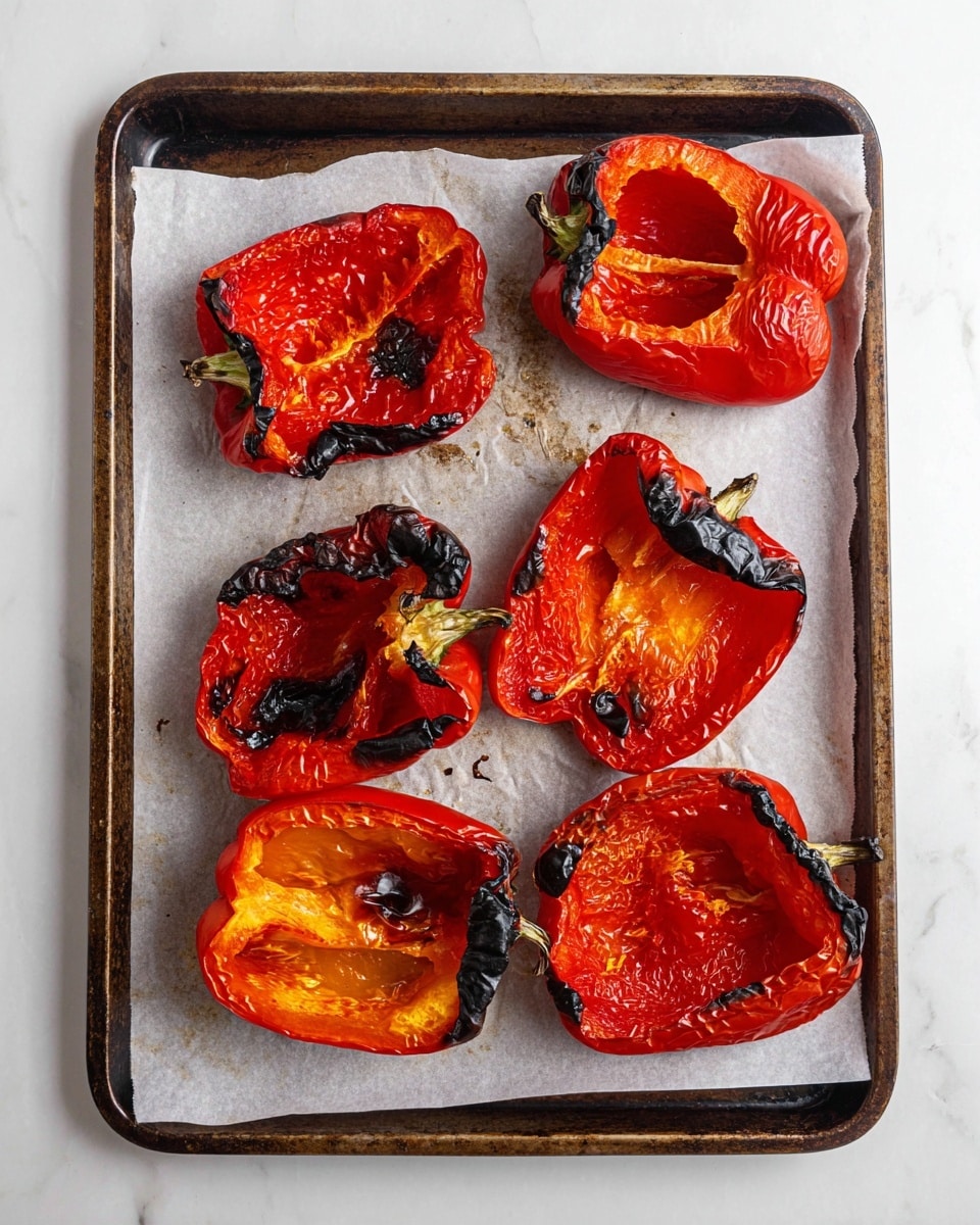 The image shows a baking tray lined with white parchment paper holding six roasted red bell pepper halves. Each pepper is charred in places, with blackened edges and wrinkled, softened skin showing a shiny, cooked texture. The peppers are arranged in two rows, three halves in the top row and three halves in the bottom row, all positioned with their open, hollow sides facing up, revealing their bright orange inner flesh. The tray sits on a white marbled surface. photo taken with an iphone --ar 4:5 --v 7