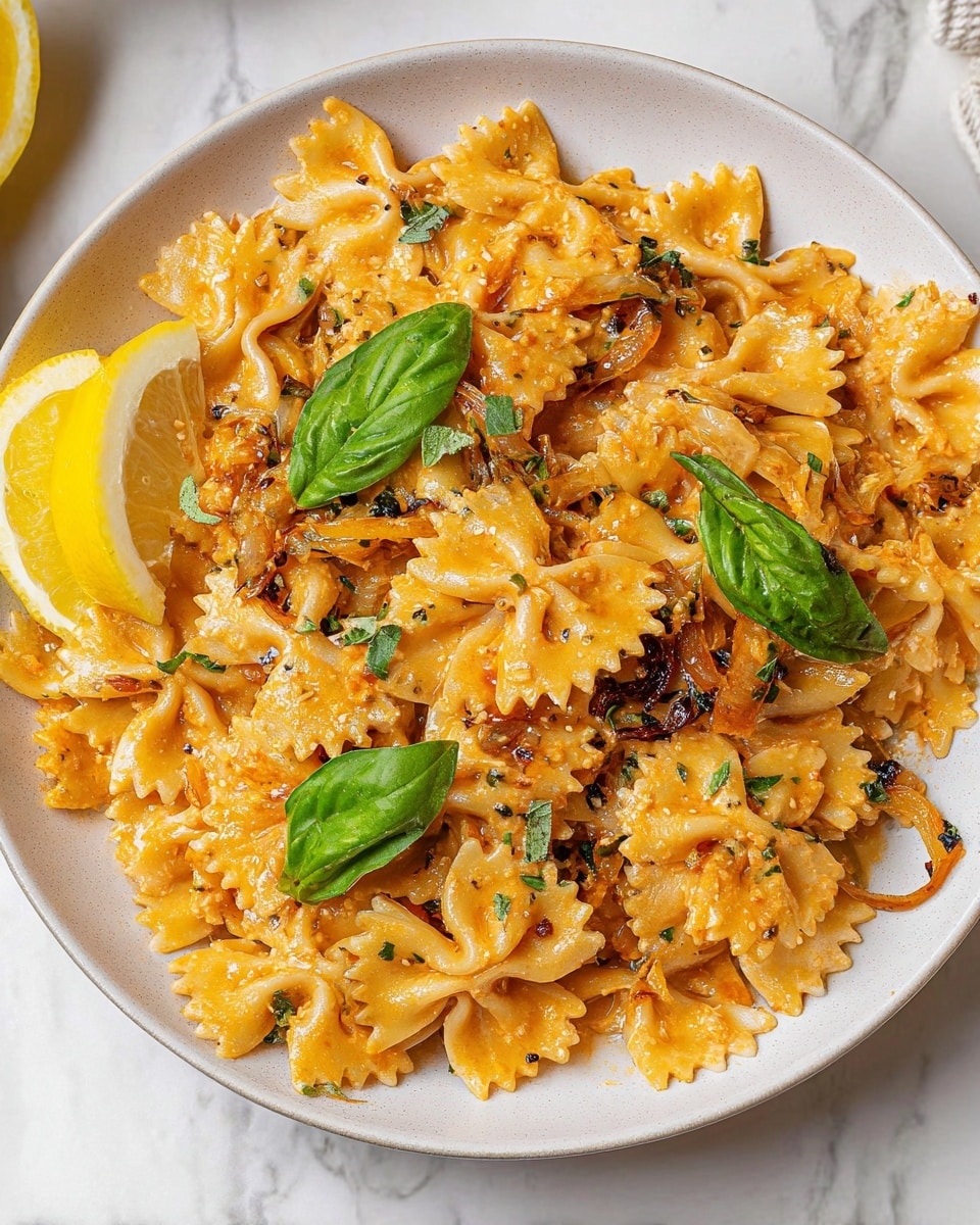 A close-up view of a round white plate on a white marbled surface filled with farfalle pasta coated in an orange creamy sauce. The pasta is mixed with caramelized onions and green herbs scattered throughout, giving a mix of soft and slightly crispy textures. Three fresh green basil leaves sit on top of the pasta near the center and right side. A thin lemon slice peeks from the left side, slightly under the pasta, adding a bright yellow detail. Photo taken with an iphone --ar 4:5 --v 7