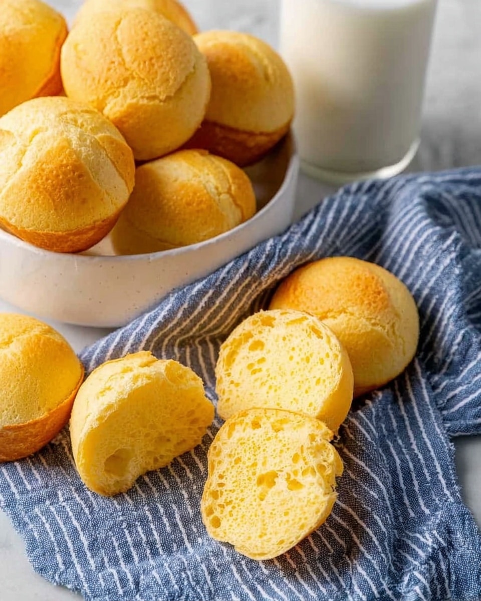 The image shows several round, light golden bread rolls with a soft, airy texture inside, some whole and some broken open to show the yellowish, spongy interior. The rolls lie scattered on a blue and white striped cloth with a white marbled surface underneath. A white bowl filled with more of the same bread rolls is placed on the left side, and a glass of milk stands in the upper right corner. A woman's hand is gently holding one of the bread rolls. The overall scene is bright and cozy, with a focus on the texture of the bread rolls. photo taken with an iphone --ar 4:5 --v 7