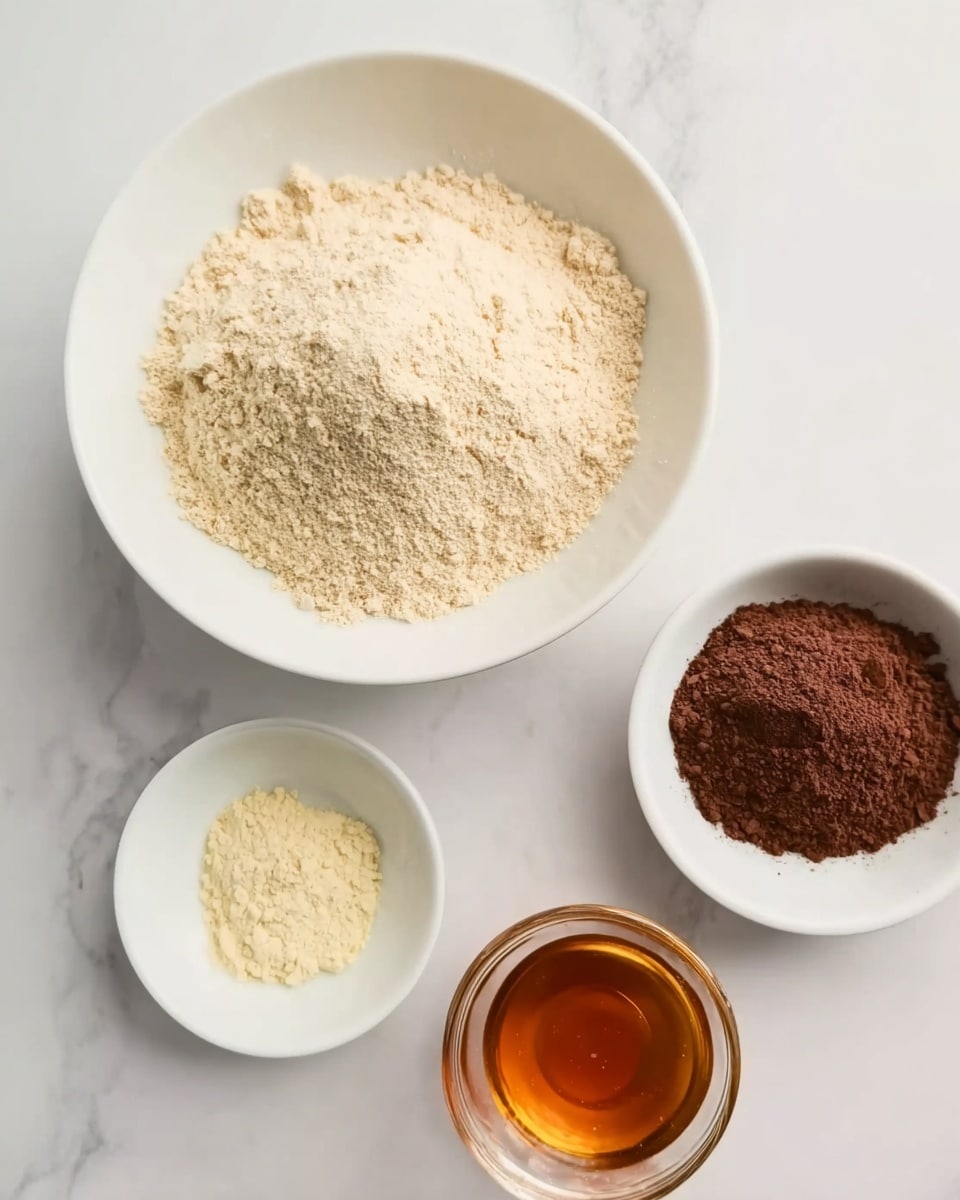 The image shows a white bowl filled with a light beige powder that looks like flour, placed on a white marbled surface. Surrounding the bowl are three smaller white bowls: one containing a light cream-colored powder, another holding a dark brown powder similar to cocoa, and the last containing a clear amber liquid. The bowls are all simple and clean, arranged neatly around the large bowl. Photo taken with an iphone --ar 4:5 --v 7