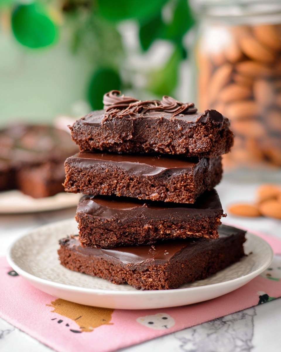 A stack of four square chocolate brownies with a smooth, shiny chocolate layer on top and a dense, crumbly texture inside, showing two pieces broken on the top with rough edges. The top two brownies reveal the soft inside with a rich brown color and a few chocolate swirls on the surface. These brownies are placed on a white plate with a slight textured pattern, sitting on a light pink cloth with playful animal faces. The background shows a soft, blurred green plant and a jar with almonds, all set on a white marbled surface. photo taken with an iphone --ar 4:5 --v 7