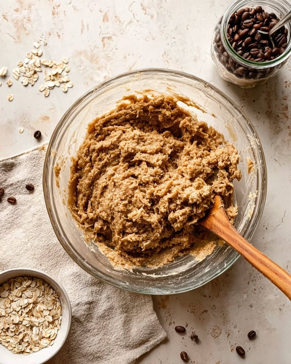 A clear glass mixing bowl filled with thick, chunky, light brown dough mixed with visible oats, being stirred by a wooden spoon inside the bowl. The bowl is placed on a light beige fabric, all set on a white marbled surface. Nearby, there is a small white bowl filled with dark brown coffee beans, and a glass jar with dark brown contents and a spoon inside it on the side. Scattered oats and coffee beans are also seen on the marbled surface around the bowl. photo taken with an iphone --ar 4:5 --v 7