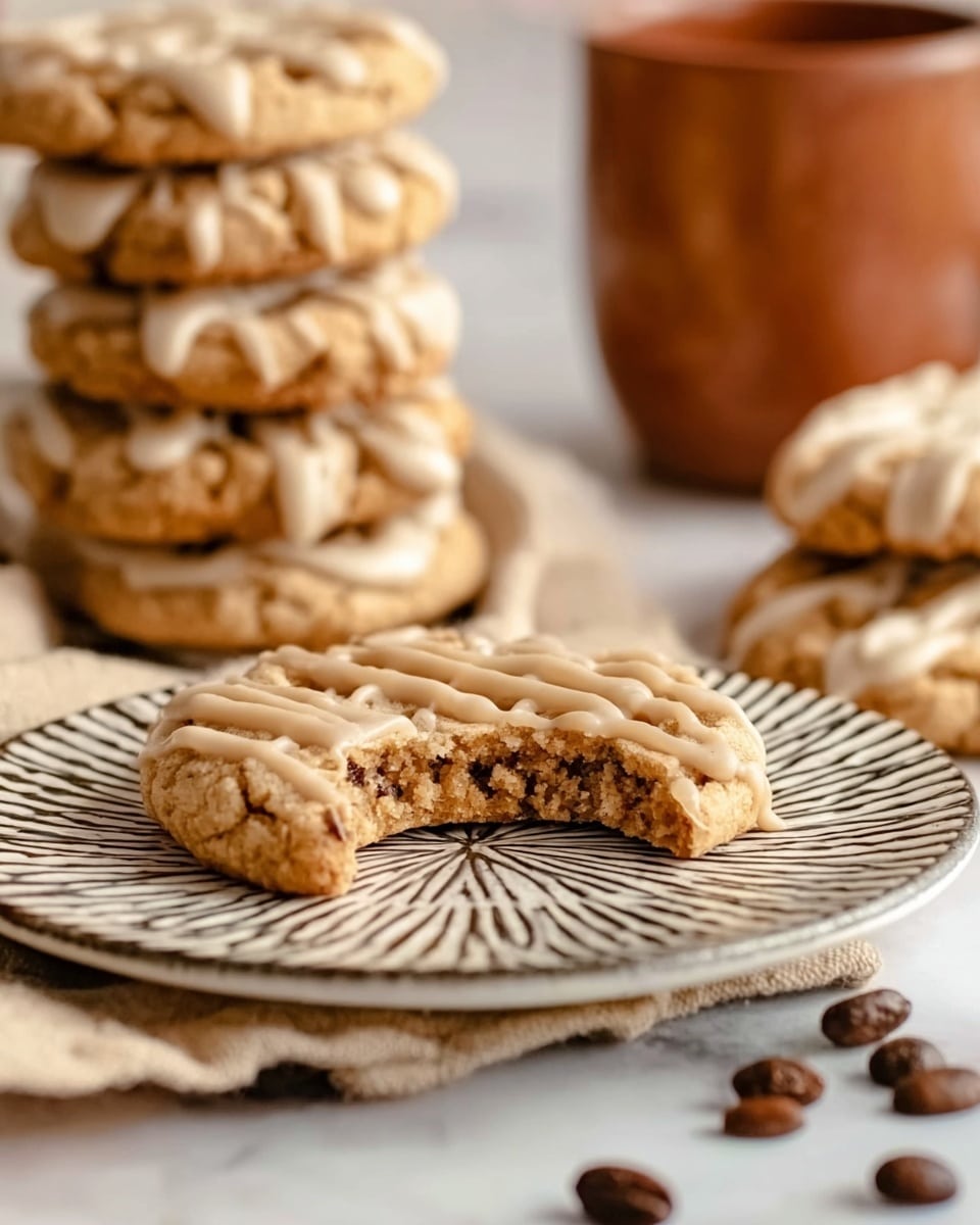 The image shows a close-up of a single round cookie with one bite taken from the front edge, revealing a soft, textured inside. The cookie has a golden-brown color with a light tan drizzle on top, creating wavy patterns. Behind this cookie, there are more similar cookies, some stacked in a small tower on the left side, all displaying the same drizzle and texture. The cookies sit on a white plate with a detailed, engraved starburst pattern. Scattered coffee beans rest around the plate on a light beige cloth, all placed on a white marbled surface. A blurred brown and light tan mug is visible in the background. Photo taken with an iphone --ar 4:5 --v 7