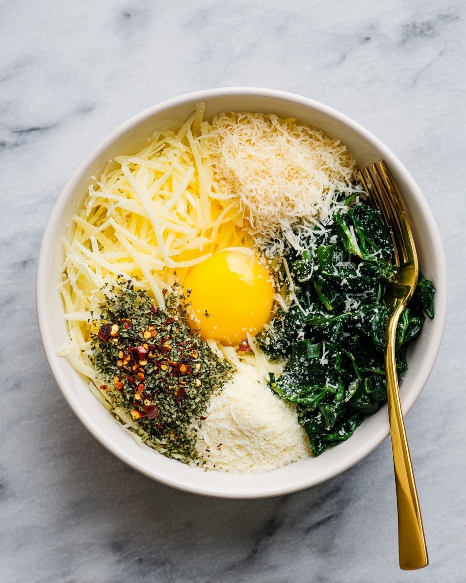 A white bowl contains five visible layers arranged in sections: bright yellow raw egg yolk with clear egg white, finely grated pale beige cheese, shredded light yellow cheese, dark green cooked spinach with a slightly shiny texture, and a small pile of dried green herbs and red chili flakes in the center. The bowl is placed on a white marbled surface next to a gold fork. Photo taken with an iphone --ar 4:5 --v 7