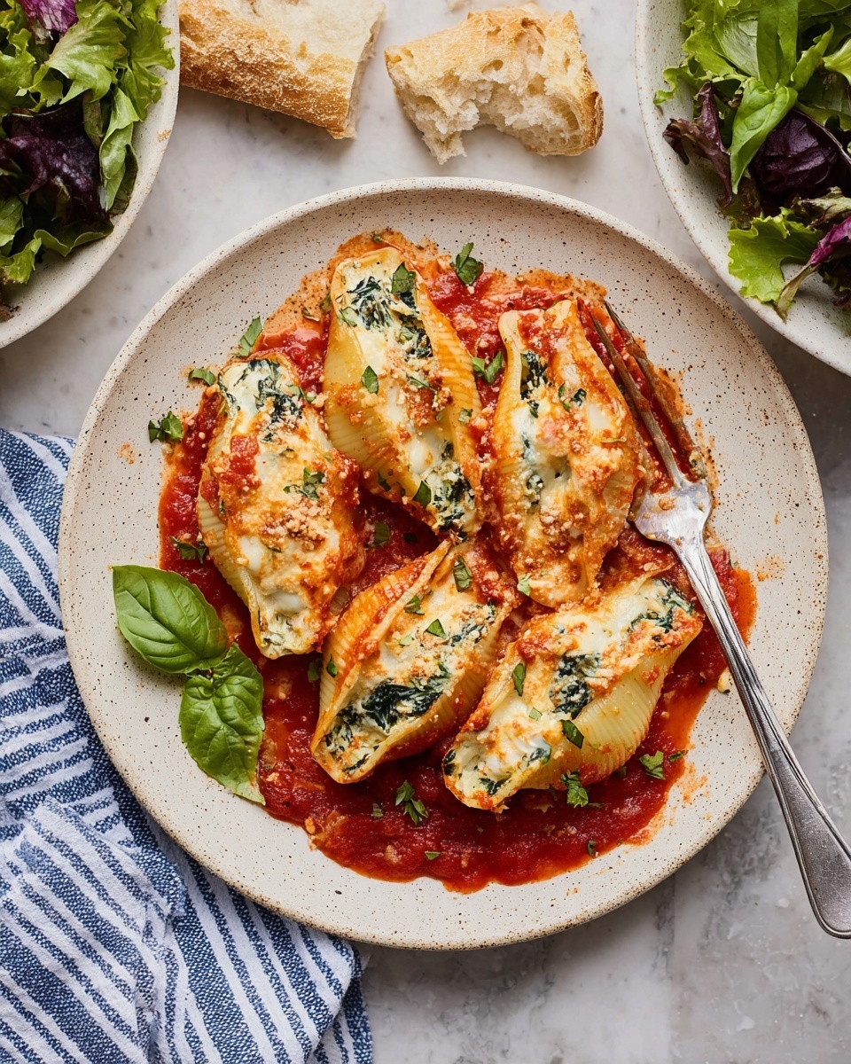 A white speckled plate holds five stuffed pasta shells, each filled with creamy white cheese and green spinach, topped with melted light golden cheese and scattered bits of finely chopped herbs. The shells rest on a thick, rich red tomato sauce that covers the bottom of the plate. Fresh green basil leaves decorate the top. A silver fork is placed to the right side of the plate. The plate is on a white marbled surface with pieces of torn crusty golden bread at the top left corner and a white bowl with mixed green and purple leafy salad at the top right. A blue and white striped cloth is partially visible at the lower left edge. Photo taken with an iphone --ar 4:5 --v 7