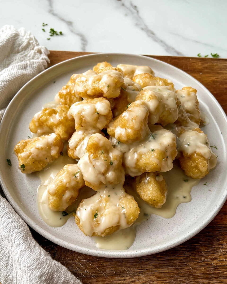 A white plate holds about twenty small pieces of battered food covered with a thick, creamy white sauce. The pieces are light golden brown under the sauce, which looks smooth and glossy. The plate sits on a brown wooden surface with a white cloth napkin nearby, all set against a white marbled background. The food is piled in the center of the plate, with the sauce dripping slightly between the pieces. photo taken with an iphone --ar 4:5 --v 7
