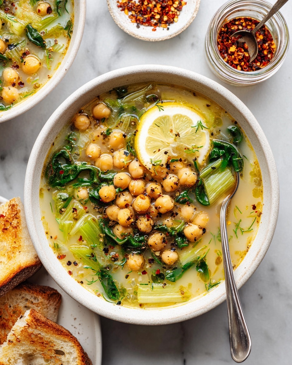 A white bowl filled with a light yellow broth that has chickpeas piled in the center, bright green celery pieces and darker green leafy vegetables mixed throughout, and a thin slice of lemon resting on top near the chickpeas. Small bits of black pepper and some tiny green herb sprigs are scattered on the soup’s surface. A silver spoon is placed inside the bowl on the right side. Near the bowl, there is a clear glass jar filled with red chili flakes and a small spoon inside it, and to the bottom left, part of a white plate holds two pieces of toasted bread with a golden-brown crust. The background is a white marbled surface. photo taken with an iphone --ar 4:5 --v 7