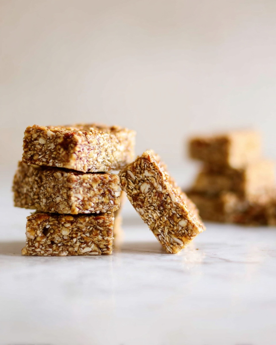 The image shows a stack of four thick, square granola bars with a rough texture made of oats and nuts. The granola bars are golden brown with some darker bits inside, showing a crunchy and dense mix. Next to the stack, one granola bar stands leaning on the stack, showing its thick layers clearly. In the distant background, there is another blurred stack of similar granola bars on a white marbled surface. The lighting is soft and natural, giving the food a fresh and appetizing look. Photo taken with an iphone --ar 4:5 --v 7