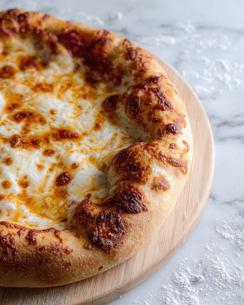 The image shows a close-up of a pizza with two main layers. The bottom layer is a thick, golden-brown crust that looks soft and slightly puffy with some darker toasted spots on the edges. The top layer covers most of the pizza with melted cheese that is light yellow and white, bubbling with browned spots and a smooth, stretchy texture. The pizza is placed on a light wooden board, which sits on a white marbled surface dusted lightly with flour. photo taken with an iphone --ar 4:5 --v 7