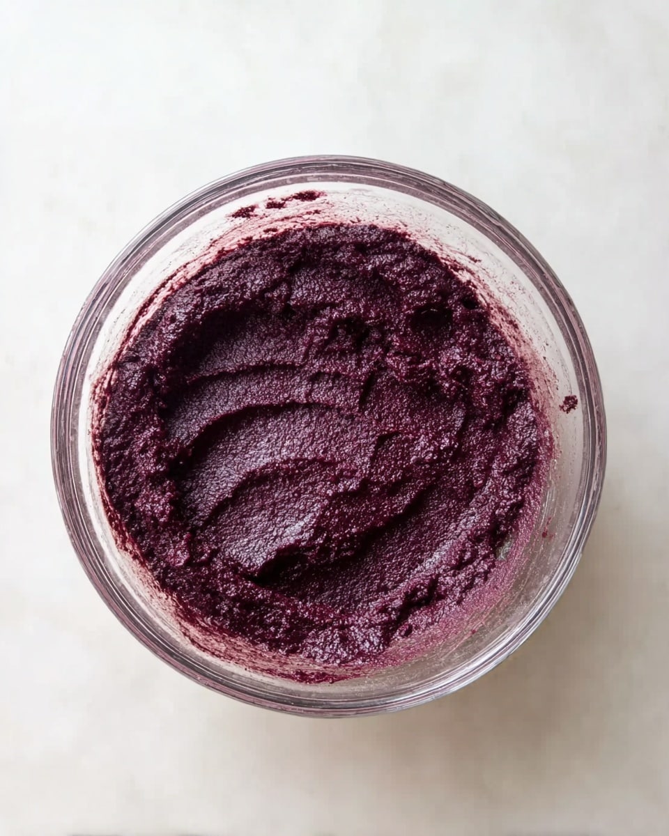 A clear glass bowl filled with a thick, dark purple paste with a slightly rough texture. The paste looks smooth but has some uneven lines on the surface, showing it was recently mixed or stirred. The bowl sits on a clean white marbled surface, adding a soft contrast to the deep purple color of the paste. The edges of the bowl are clear, and the inside shows some stray bits of the paste stuck slightly near the rim. photo taken with an iphone --ar 4:5 --v 7