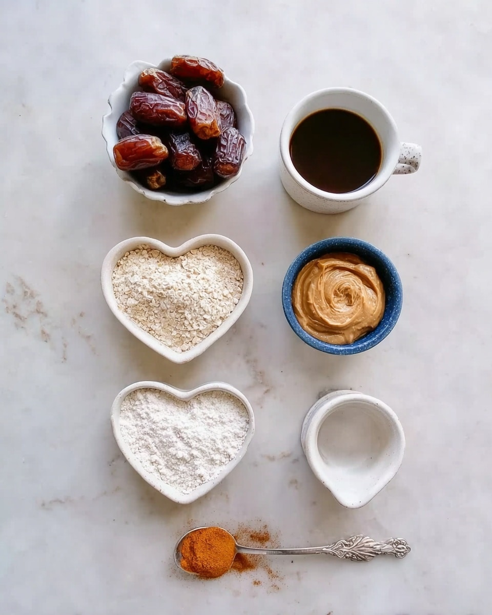 The image shows seven small containers and a spoon placed neatly on a white marbled surface. At the top left is a white bowl filled with dark brown dates. Next to it on the right is a small white cup filled with dark brown liquid, likely coffee or syrup. Below the dates, in a white bowl, is light brown peanut butter. To the right, a blue bowl holds bright orange powder, possibly cinnamon. Below the white cup is a small empty white cup. At the bottom left is a white heart-shaped bowl filled with white flour or a similar powdery ingredient. Next to it is a small spoon with a light brown powder, resembling cinnamon. All containers are arranged in a clean and orderly way. Photo taken with an iphone --ar 4:5 --v 7