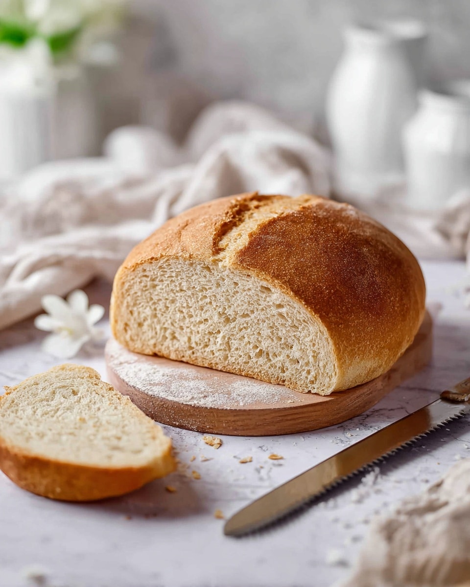 A round loaf of bread with a golden brown crust sits on a small wooden board on top of a white marbled surface. The bread is sliced in half horizontally, showing a soft, light beige inside with a fine texture. One slice of bread lies flat nearby on the white marbled surface. To the right of the bread, a serrated knife rests on the surface. In the background, there are blurred white cloths, white flower petals, and white ceramic jars, creating a soft and clean scene. Photo taken with an iphone --ar 4:5 --v 7