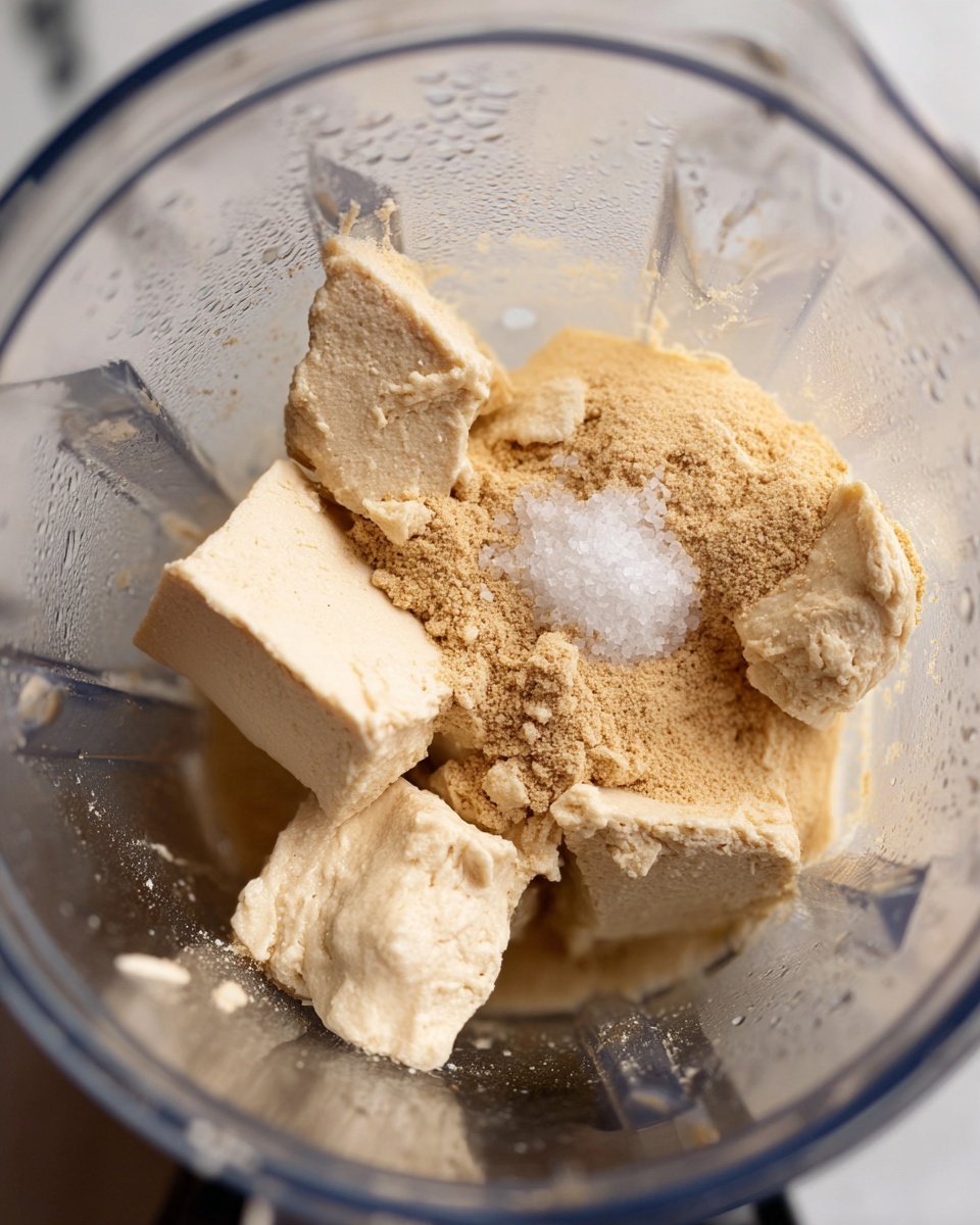 Inside a clear blender jar, there are several large, rough chunks of an off-white, creamy textured ingredient, scattered unevenly. On top and around these chunks, a light tan powder is sprinkled, slightly covering parts of the creamy pieces. A small amount of white granulated substance, likely salt or sugar, is visible on one of the larger chunks. The blender jar shows some moisture droplets on its inner sides, and the background is a white marbled texture. photo taken with an iphone --ar 4:5 --v 7
