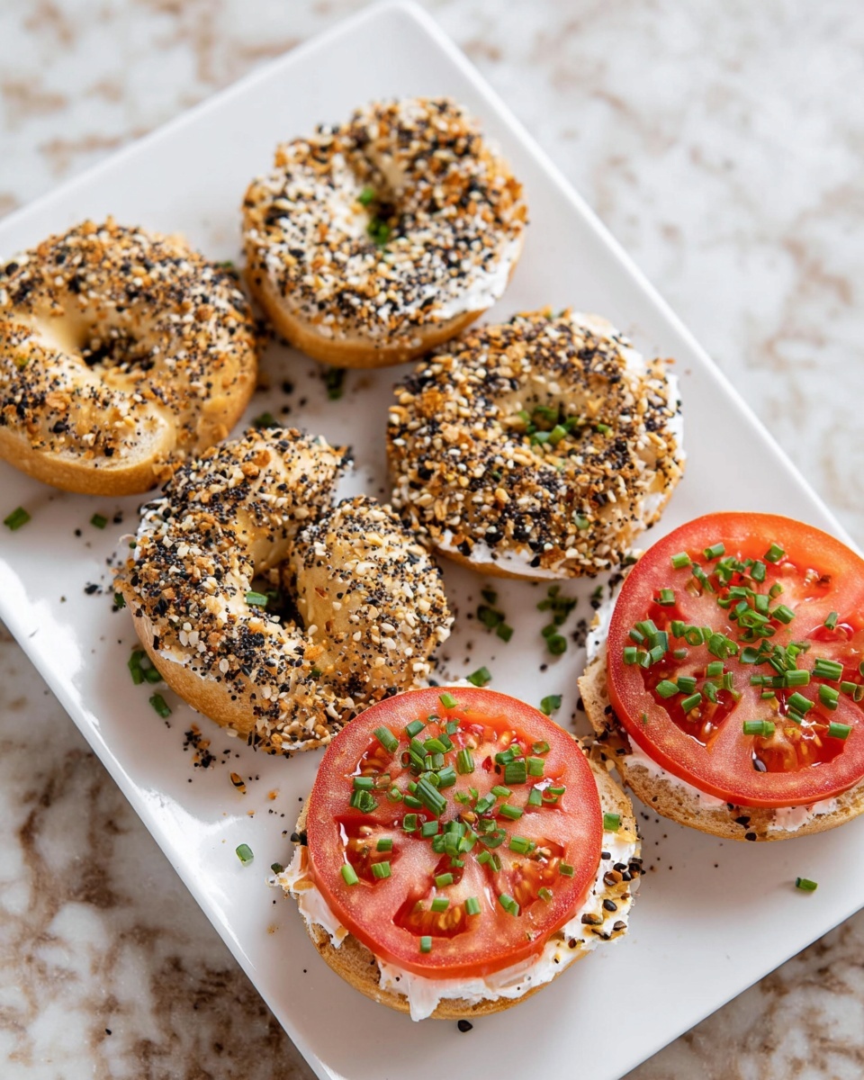 The image shows a white plate with seven small round bagels, each topped with a mix of white, black, and brown seeds. Two of the bagels are open-faced, showing a layer of creamy white spread below a thin, bright red tomato slice. The tomato is sprinkled with small pieces of green chives and black pepper. The plate sits on a white marbled surface. photo taken with an iphone --ar 4:5 --v 7