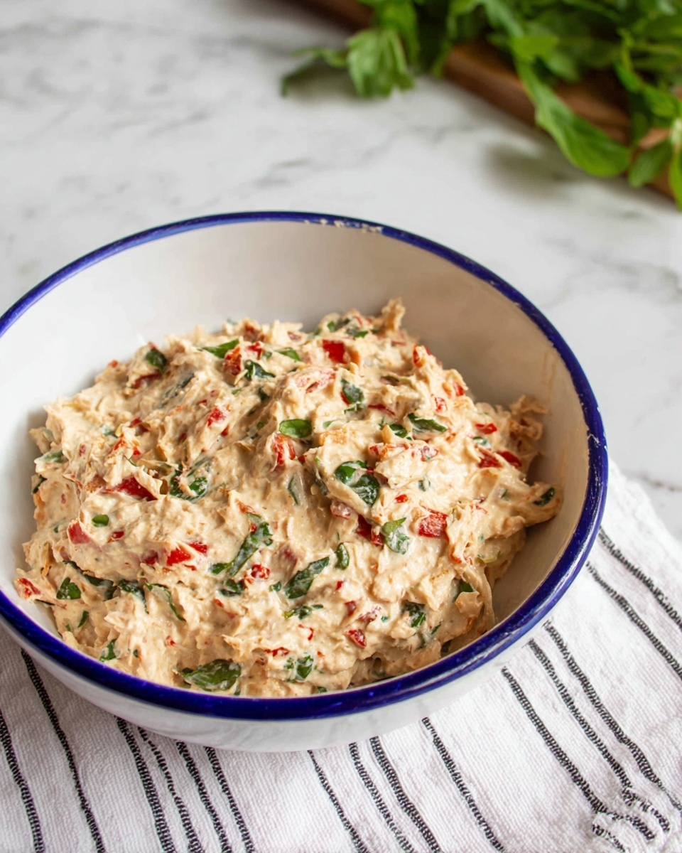 A white bowl with a blue rim is filled with a mixed dish that has a creamy, pale beige base with small pieces of red and green ingredients scattered evenly throughout. The dish looks soft and thick, with the colors of the red bits and green herbs adding contrast to the creamy mixture. The bowl sits on a white marbled surface with a striped white and black cloth underneath and some green leafy herbs in the background. Photo taken with an iphone --ar 4:5 --v 7