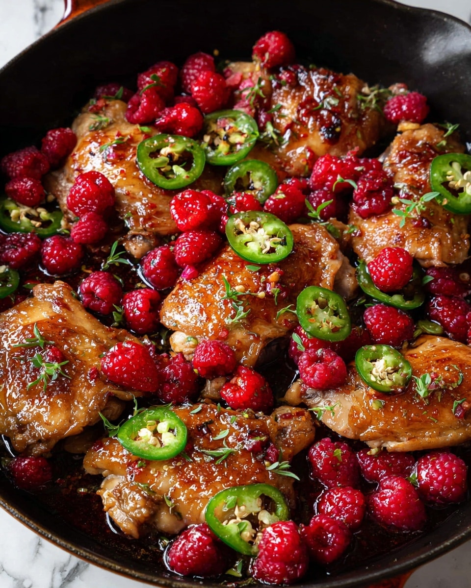 The image shows a black pan filled with six pieces of cooked chicken, browned and shiny from a glaze. The chicken pieces are arranged in a slightly scattered way. Bright red raspberries are spread all over the pan, some resting on top of the chicken. Thin slices of green jalapeño peppers lay on the chicken and in the pan, contrasting with the red berries. The glaze on the chicken reflects light and looks sticky and flavorful. Fresh small green herbs are sprinkled lightly over the dish. The pan sits on a white marbled surface. Photo taken with an iphone --ar 4:5 --v 7