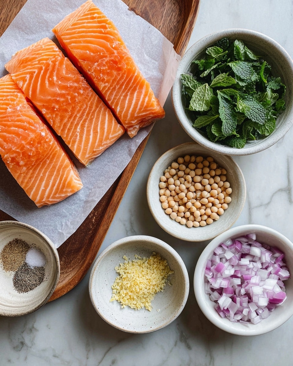 The image shows fresh raw salmon fillets with a smooth, bright orange texture and white lines running through them, placed on white parchment paper on a wooden board. Near the salmon, there are small ceramic bowls: one with a mix of salt, black pepper, and a light brown powder; another with finely grated yellow ginger. A larger white bowl holds a variety of chopped green herbs, including mint leaves. Another white bowl contains small, round, beige soybeans. To the right, a white bowl is filled with chopped red onions showing layers of light purple and white. All items are arranged on a white marbled surface. photo taken with an iphone --ar 4:5 --v 7