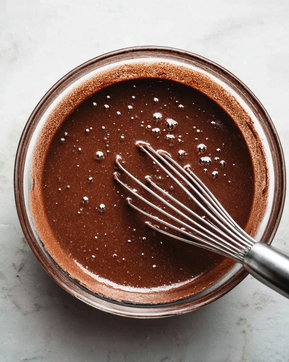 A clear glass bowl filled with smooth, dark brown chocolate batter showing small bubbles on the surface, with traces of batter around the edges of the bowl. A shiny metal whisk with thin wires rests inside the bowl, partially covered in the batter. The bowl is placed on a white marbled surface. photo taken with an iphone --ar 4:5 --v 7