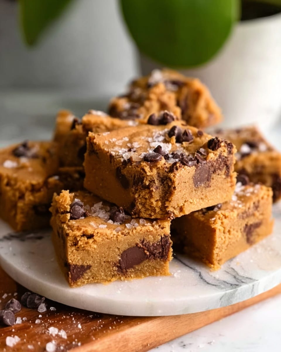 The image shows several thick, square slices of a rich, golden-brown dessert with a soft, dense texture. Each slice has visible dark chocolate chunks mixed throughout, melting slightly and adding contrast. The top layer is sprinkled lightly with coarse salt, giving a shiny, textured finish. The squares are stacked slightly unevenly on a white plate placed on a white marbled surface. A blurred green plant pot is visible in the background. photo taken with an iphone --ar 4:5 --v 7