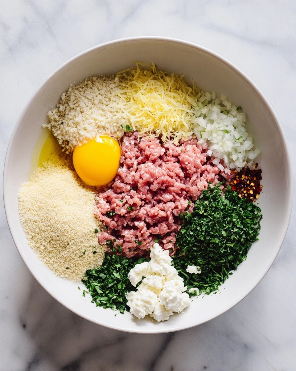 A white bowl is filled with layers of different ingredients arranged in sections on a white marbled surface. At the center bottom, there is a pile of pink ground meat with grooves visible. On top of and around the meat are small piles of finely shredded white cheese, light yellow lemon zest, chopped green herbs, diced white onions, and red chili flakes mixed with white salt. To the left of the meat, there is a yellow raw egg yolk sitting in clear egg white. Below the meat, on the bottom half of the bowl, there is a pile of pale beige breadcrumbs, a mound of chopped dark green herbs, and a spoonful of white cottage cheese with small lumps. The colors and textures are clear and distinct from each other. Photo taken with an iphone --ar 4:5 --v 7