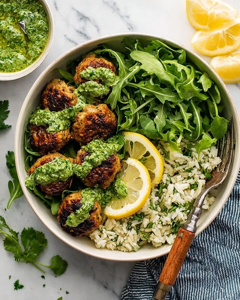 A white bowl holds a fresh meal with three main layers: on the left side, there is a bed of green leafy arugula; on the right side, a layer of fluffy cooked rice with herbs mixed in, topped with two lemon wedges placed near the center; on top of the rice and arugula, five browned meatballs are arranged in a group, each drizzled with a thick green sauce. A silver fork with a brown handle rests on the rice layer with its prongs facing downward. The bowl sits on a white marbled surface with a striped cloth and more green herbs nearby. Photo taken with an iphone --ar 4:5 --v 7
