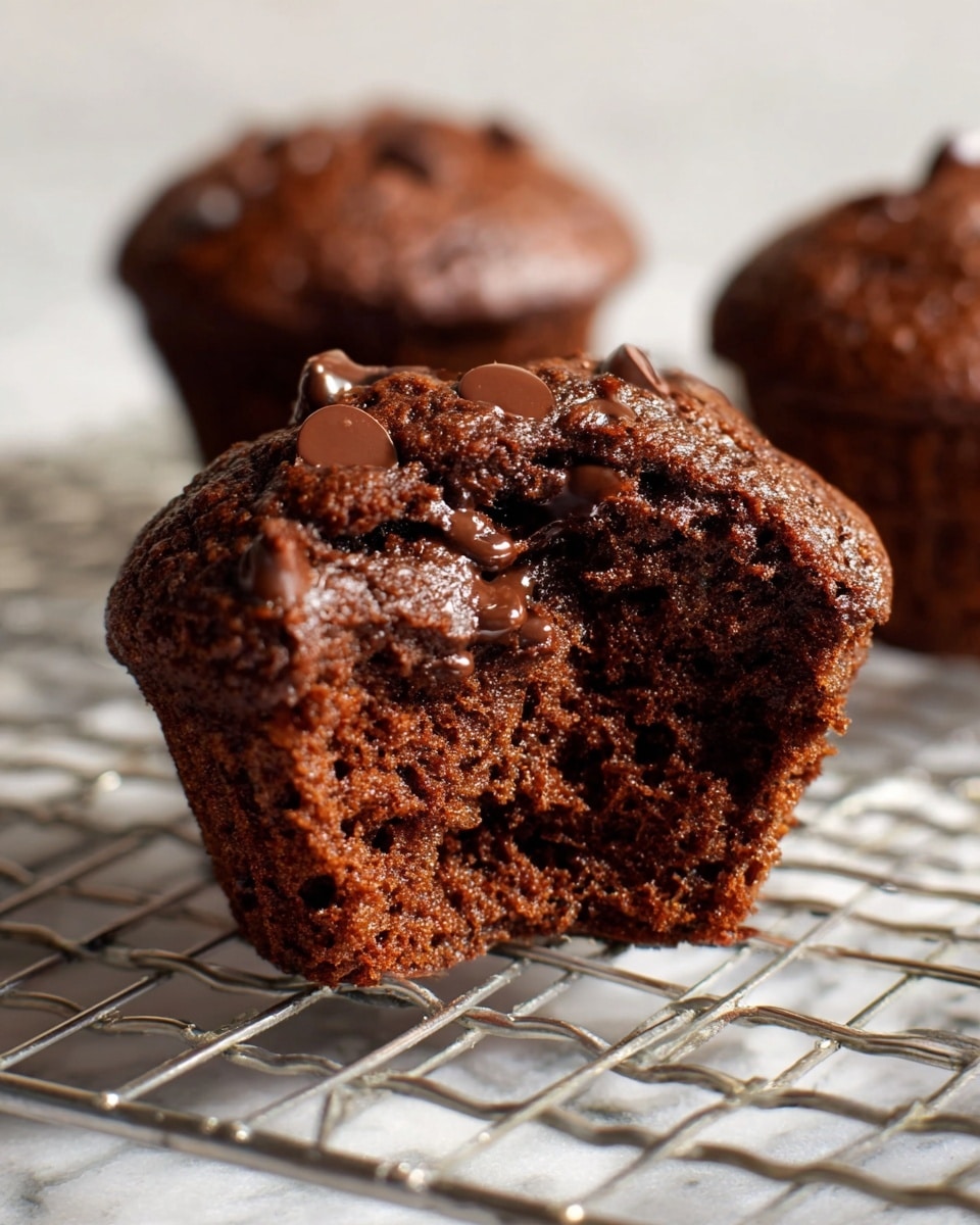 A chocolate muffin is shown close up, placed on a metal cooling rack on a white marbled surface. The muffin is roughly one layer, dense and moist inside with a rich dark brown color, with melted chocolate chips scattered throughout, some of which are visible inside and on top. The top of the muffin is slightly cracked, showing more melted chocolate inside, while two other whole muffins are blurred in the background. The texture looks soft and rich with a shiny, melted chocolate finish on the surface, photo taken with an iphone --ar 4:5 --v 7