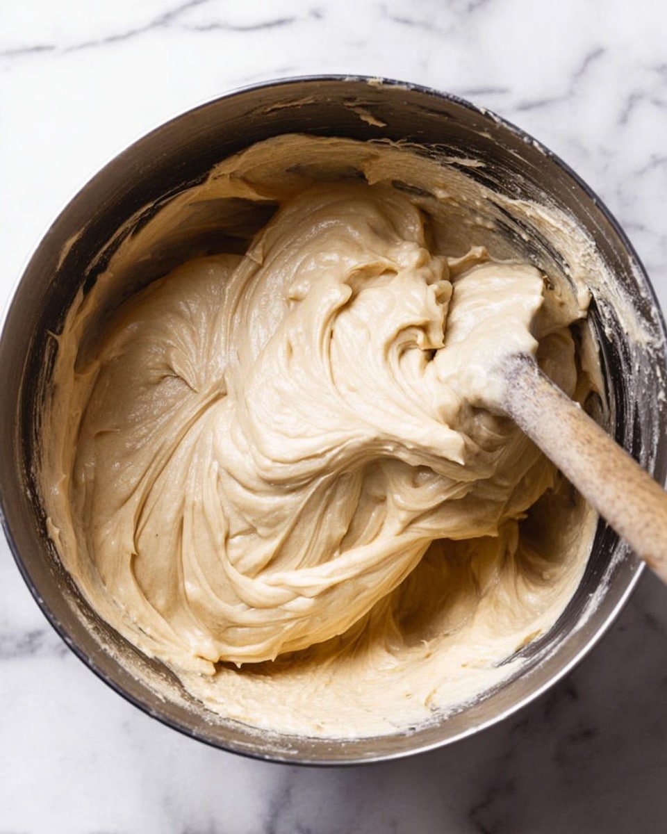 A close-up view of thick, light beige batter being mixed in a dark metal bowl with a wooden spoon. The batter has a smooth and creamy texture with swirls and peaks made by stirring. The bowl sits on a white marbled surface. The spoon is slightly coated with the batter, showing movement and mixing in progress. Photo taken with an iphone --ar 4:5 --v 7