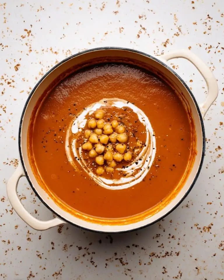 Roasted Red Pepper Soup with Chickpeas & Orzo Recipe