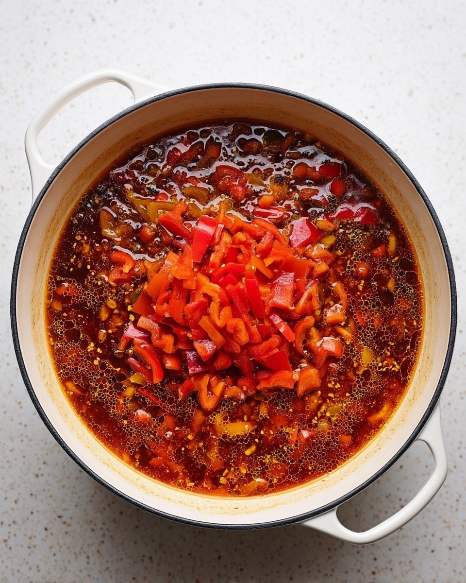 The image shows a white pot filled with a rich, oily broth that has a dark red to brown color. In the center, there is a heap of chopped red bell peppers that stand out with their bright red-orange color and glossy texture. Around the peppers, the soup has small pieces of light brown and yellow vegetables floating, giving the surface a textured look with small oil bubbles scattered throughout. The pot’s white handles are visible on both sides, and the pot sits on a white marbled surface. photo taken with an iphone --ar 4:5 --v 7