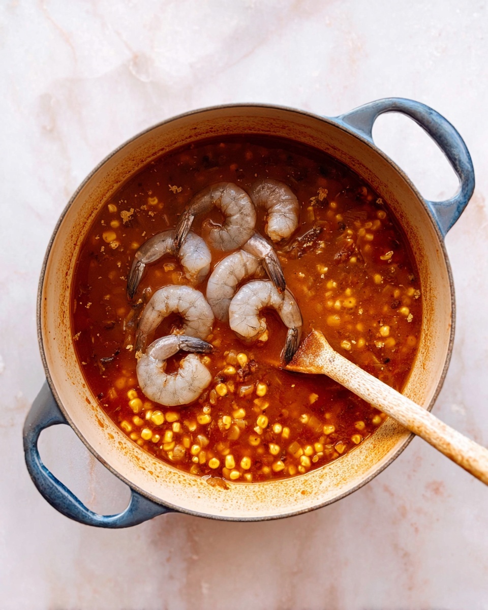 A round light gray pot with blue handles contains a reddish-brown soup with visible corn kernels scattered throughout. On top of the soup, there are five large raw shrimp, gray and translucent, placed near the center. A worn wooden spoon with a pale brown handle leans into the pot from the bottom center, partially submerged in the soup. The pot rests on a white marbled background. photo taken with an iphone --ar 4:5 --v 7