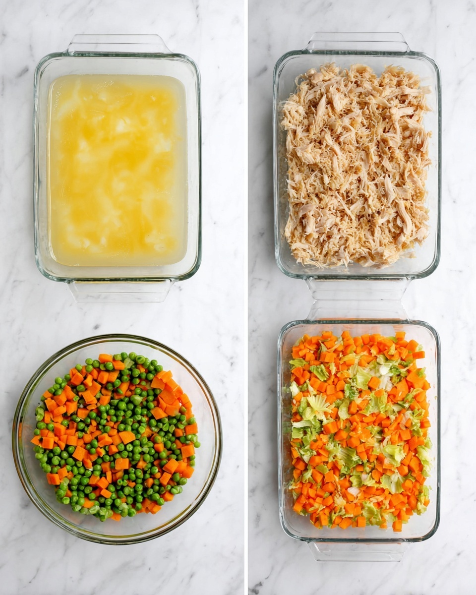 A clear glass rectangular dish sits on a white marbled surface and has four different views showing layers of a dish being made. The first layer is a shiny, pale yellow liquid spread evenly on the bottom. The second layer, in a clear bowl beside the dish, shows a mix of diced orange carrots, green peas, and light green celery. The third layer in the dish is shredded light tan meat spread evenly over the yellow liquid. The fourth layer in the dish shows the carrot, pea, and celery mix spread evenly on top of the shredded meat. The overall colors are soft yellow, tan, bright orange, green, and white marbled background. photo taken with an iphone --ar 4:5 --v 7