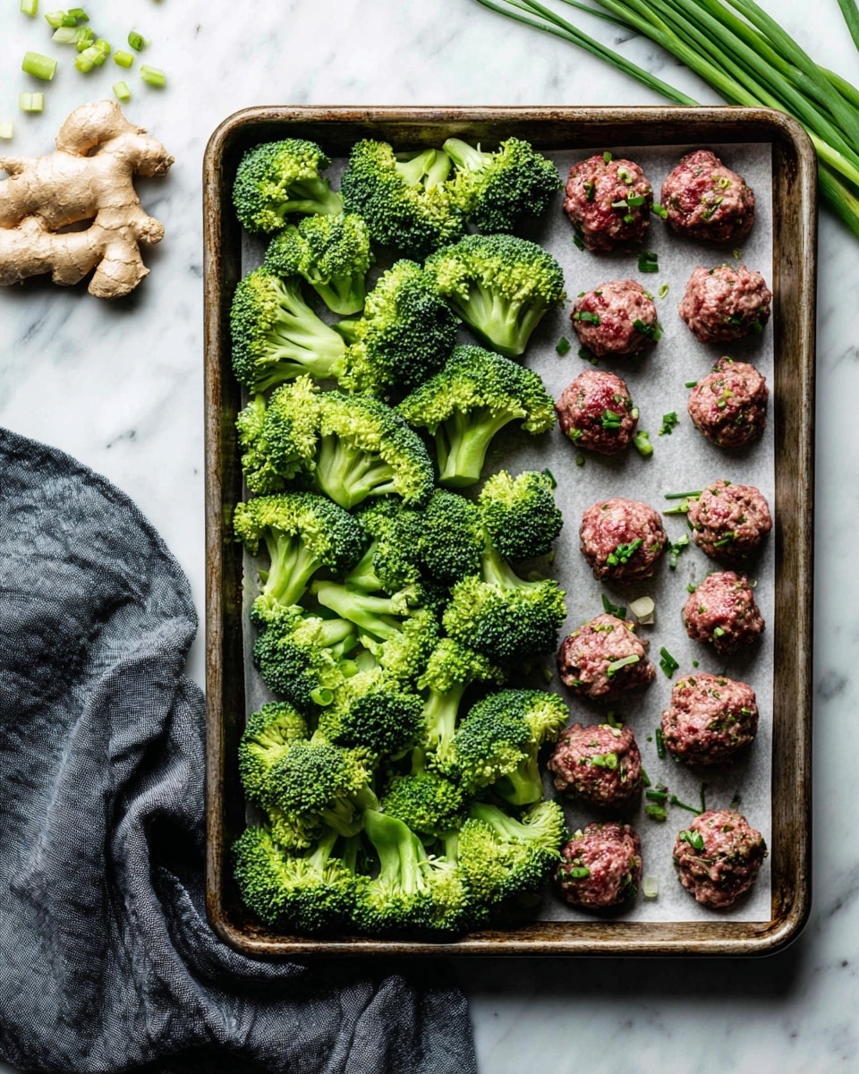 A metal baking tray with parchment paper holds two groups of food items neatly arranged: the top half features bright green broccoli florets with a textured, leafy surface and thick pale green stems, while the bottom half displays small, round, red meatballs mixed with tiny green herbs and white bits. The tray is placed on a white marbled surface with pieces of fresh ginger and long green chives seen at the upper left edge. A dark gray cloth cloth peeks from the bottom left corner. Photo taken with an iphone --ar 4:5 --v 7