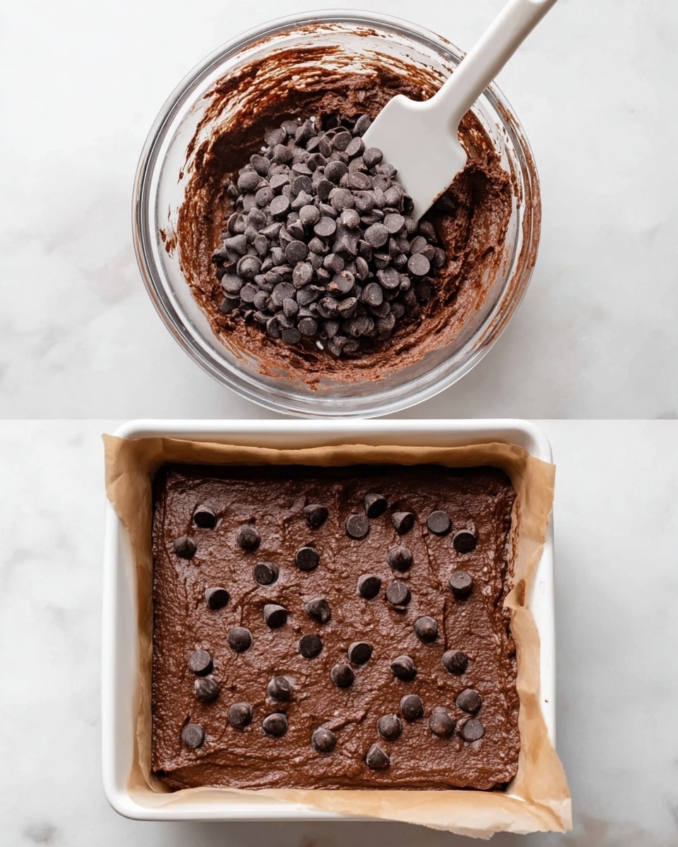 The image shows two parts. On the left, there is a clear glass bowl filled with thick, dark brown chocolate batter with a smooth texture. On top of the batter, there is a pile of dark chocolate chips ready to be mixed in. A white spatula rests in the bowl, partly covered in batter. The bowl is placed on a white marbled surface. On the right side, a square white baking pan lined with parchment paper is filled with the same dark brown chocolate batter, spread evenly to cover the base. Dark chocolate chips are scattered on top of the batter, spaced out but mostly in the center. The pan is also on a white marbled surface. photo taken with an iphone --ar 4:5 --v 7