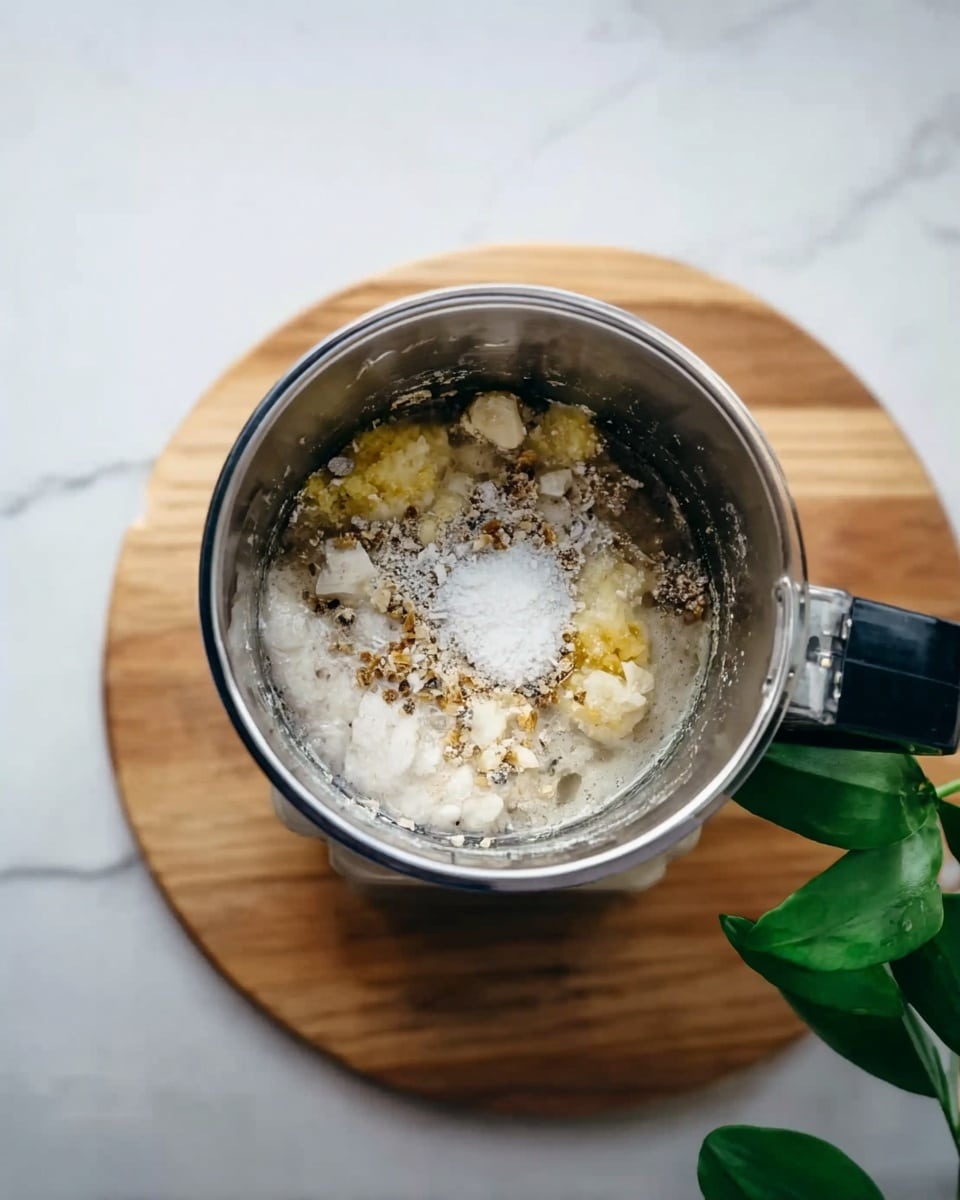 A top view of a metal blender container placed on a light wooden board. Inside the blender, there are several ingredients layered unevenly with a mix of colors and textures: at the bottom, some small white and yellow pieces mixed with a white grainy powder, and on top, a small pile of white powder with liquid lightly pooling around it. The blender is on a white marbled surface with a green leafy plant partially visible on the right side. photo taken with an iphone --ar 4:5 --v 7
