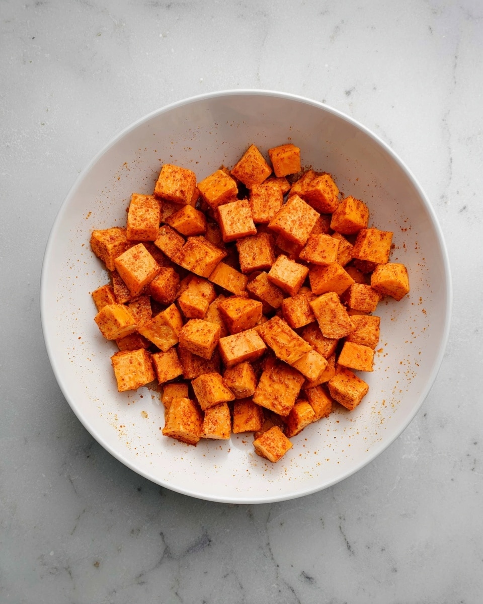 A white bowl filled with many small cubes of orange sweet potato, each cube coated with a light layer of seasoning giving them a slightly speckled look, placed on a white marbled surface. The cubes are spread out unevenly inside the bowl, showing some of the bowl's white inside walls with seasoning smudges. photo taken with an iphone --ar 4:5 --v 7