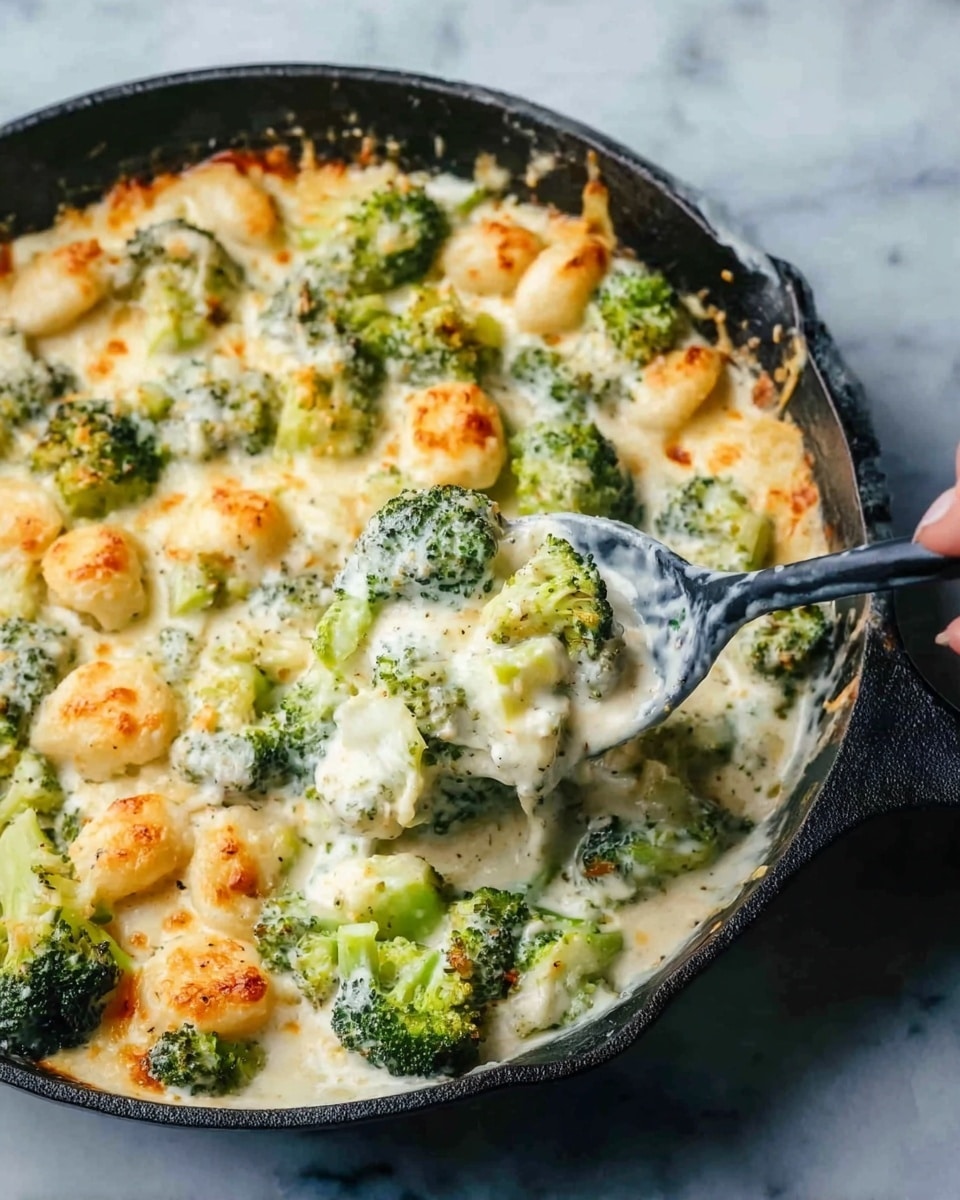 A close-up view of a black skillet filled with creamy baked broccoli and cheese. The dish shows layers of bright green broccoli florets mixed with creamy white sauce, topped with small melted cheese blobs that are lightly browned. A woman's hand is holding a black spoon lifting some of the broccoli and cheese mixture, showing the thick creamy texture and the tender broccoli pieces inside. The skillet is sitting on a white marbled surface. photo taken with an iphone --ar 4:5 --v 7