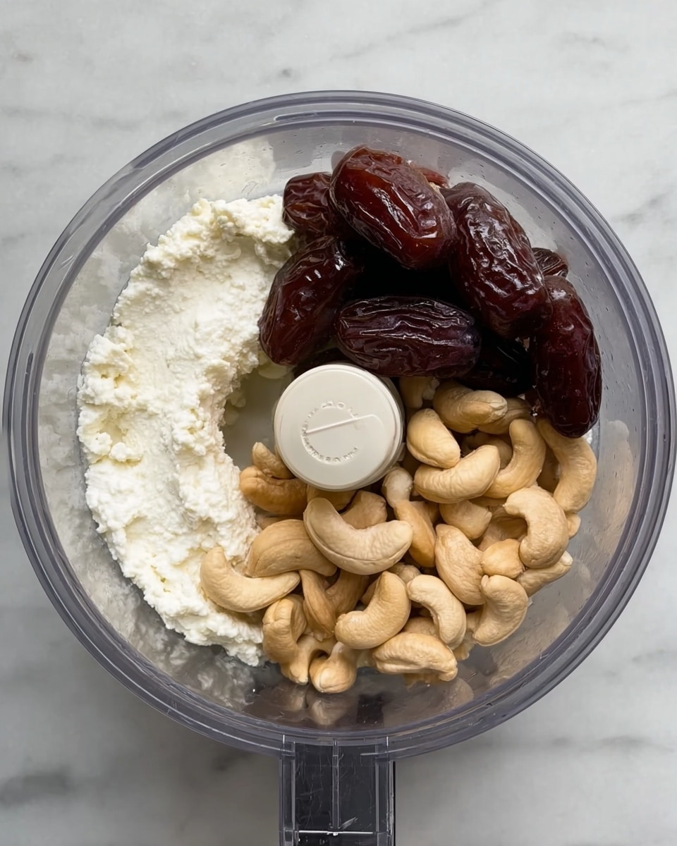 This image shows a clear food processor bowl with three layers of ingredients inside. At the bottom left, there is a thick layer of white cottage cheese with a slightly lumpy texture. On the bottom right, there is a layer of light beige cashew nuts with a smooth and curved shape. On top, in the center, there is a small pile of dark brown whole dates, smooth and shiny in texture. The bowl sits on a white marbled surface. Photo taken with an iphone --ar 4:5 --v 7