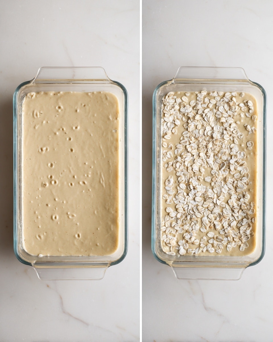 The image shows a rectangular glass baking dish on a white marbled surface. Inside the dish is a thick, smooth beige batter layer, occupying the entire dish evenly. The first photo displays the batter with small holes poked evenly across the surface. In the second photo, the batter layer is topped with scattered white oat flakes, adding a textured look on top of the smooth base. Photo taken with an iphone --ar 4:5 --v 7