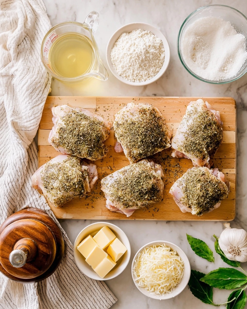 The image shows six raw chicken pieces arranged in two rows on a light wooden cutting board, each piece covered with a layer of dried green herbs. Surrounding the board, there are small white bowls with different ingredients: pale flour, dried herbs, white salt, two small yellow butter slices, shredded white cheese, and a clear glass bowl with a foamy white liquid. To the left, there is a clear measuring jug filled with a light yellow liquid. A large wooden pepper grinder is placed on the bottom left corner. The scene is set on a white marbled surface with a striped white cloth, a garlic bulb, and some fresh green leaves scattered around. Photo taken with an iphone --ar 4:5 --v 7