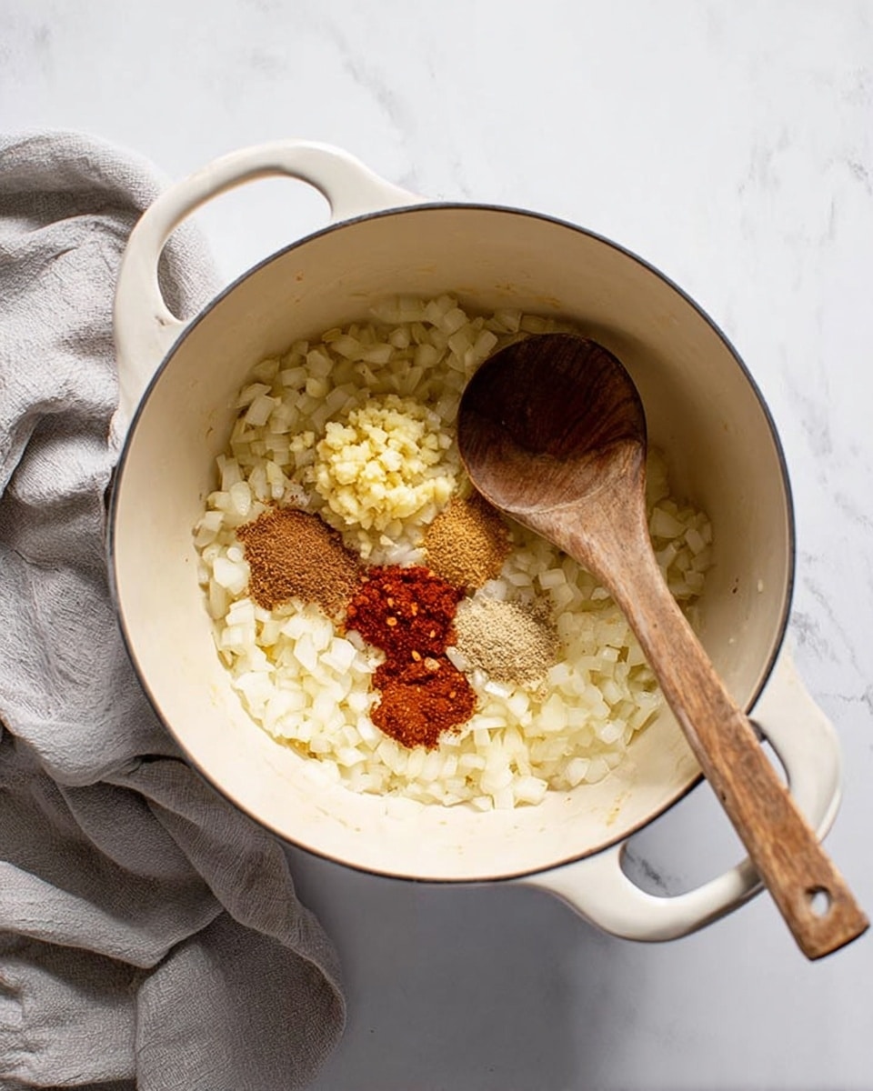 Inside a white pot with two handles, there are three main layers. The bottom layer is made of small soft cooked white onion pieces covering the whole base. On top of that, near the center left side, three small piles of dry spices are placed: one is red, another light brown, and the third dark brown. Next to the spices, on the top left, is a pile of finely chopped garlic with a pale yellow color. A wooden spoon with a long handle rests on the right side of the pot, with its round head touching the ingredients. The pot sits on a white marbled surface, and a soft gray cloth is draped to the pot's left side. Photo taken with an iphone --ar 4:5 --v 7